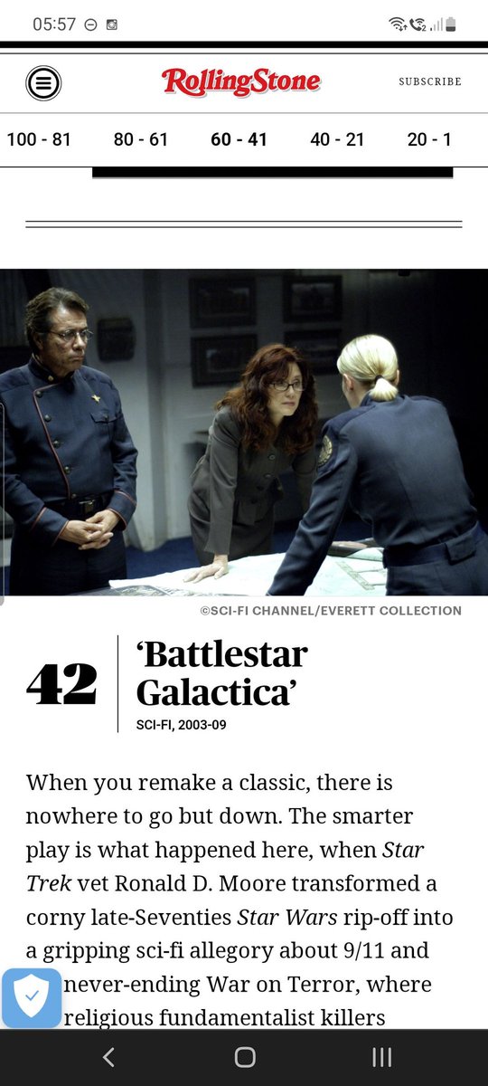 #BattlestarGalactica is nO 42 <a href="/RollingStone/">Rolling Stone</a>'s Top 100 best TV shows of all times! #BSG #SoSayWeAll  rollingstone.com/tv-movies/tv-m…

@edwardjolmos <a href="/MaryMcDonnell10/">Mary McDonnell</a> <a href="/kateesackhoff/">Katee Sackhoff</a> <a href="/trutriciahelfer/">Tricia Helfer</a> <a href="/jamescallis/">James Callis</a> <a href="/ImJamieBamber/">Jamie Bamber</a> <a href="/MichaelTrucco/">Michael Trucco</a> <a href="/theaarondouglas/">Aaron Douglas</a> <a href="/bearmccreary/">Bear McCreary 🐻🎶</a> <a href="/LeahCairns/">Leah Cairns</a>