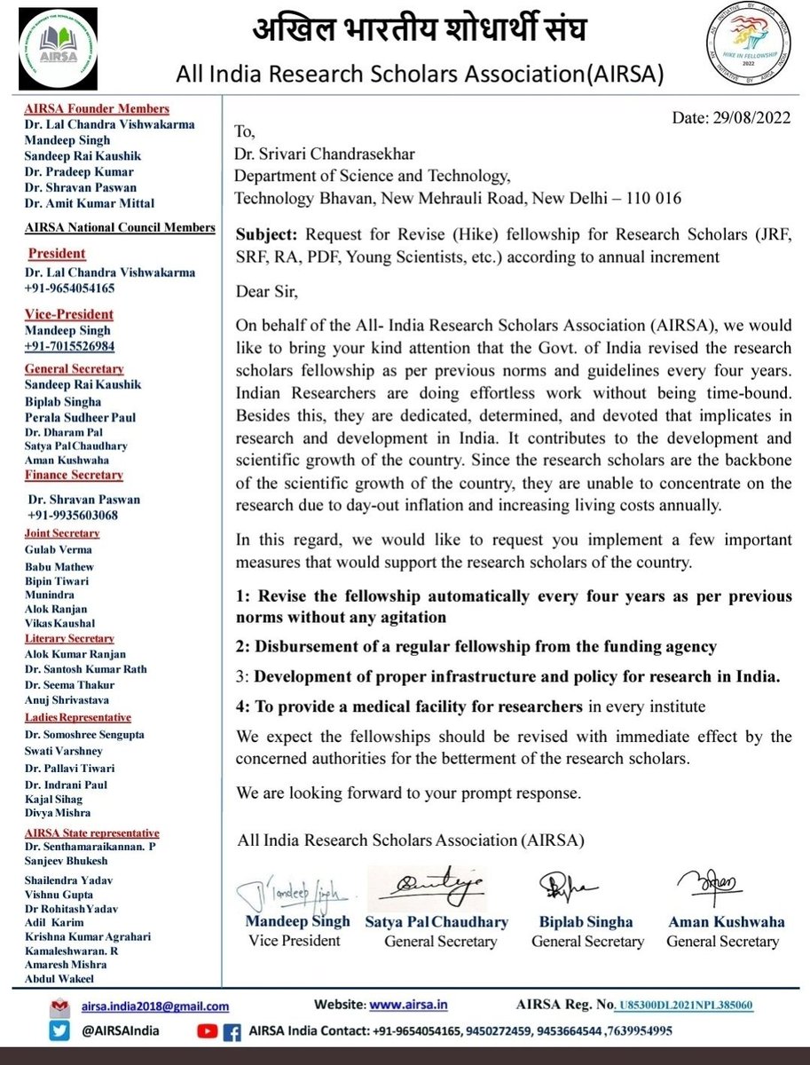 All India Research Scholars Association (@airsaindia) on Twitter photo #Hike_In_Fellowship_22
#Regular_disbursment_of_fellowship If our eminent higher authorities support to Indian Researchers then no doubt scholars will do innovative research work for the nation <a href="/PMOIndia/">PMO India</a> <a href="/narendramodi/">Narendra Modi</a>
<a href="/DrJitendraSingh/">Dr Jitendra Singh</a> <a href="/dpradhanbjp/">Dharmendra Pradhan</a> <a href="/AjaySoodIISc/">Ajay Sood</a> <a href="/Xpress_edex/">Edex - The New Indian Express</a> <a href="/ANI/">ANI</a> #Hike_In_Fellowship_22
#Regular_disbursment_of_fellowship If our eminent higher authorities support to Indian Researchers then no doubt scholars will do innovative research work for the nation <a href="/PMOIndia/">PMO India</a> <a href="/narendramodi/">Narendra Modi</a>
<a href="/DrJitendraSingh/">Dr Jitendra Singh</a> <a href="/dpradhanbjp/">Dharmendra Pradhan</a> <a href="/AjaySoodIISc/">Ajay Sood</a> <a href="/Xpress_edex/">Edex - The New Indian Express</a> <a href="/ANI/">ANI</a>