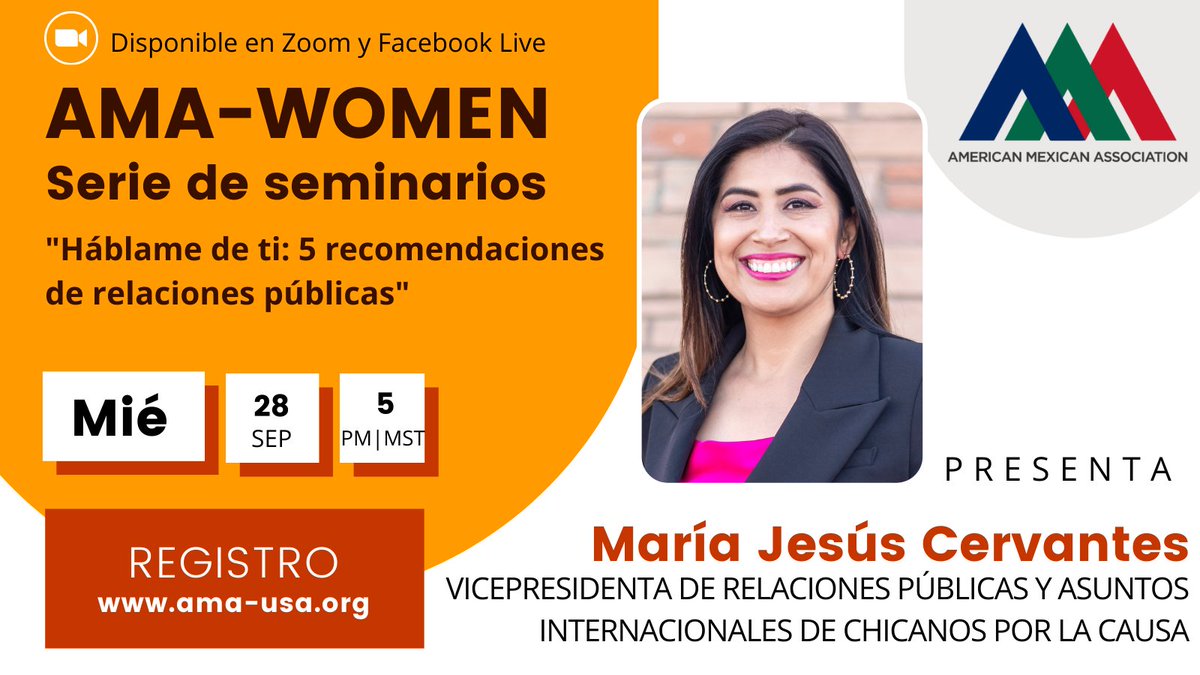 AMAUSAOrg's tweet photo. Having strong #publicrelations skills is #essential for working in a variety of areas. Join us in our upcoming #AMAWomen webinar in #Spanish, led by María Jesús Cervantes @Shuyta from @WeAreCPLC. Register here https://t.co/Jly1uMb2zc https://t.co/u6213Lj4sO