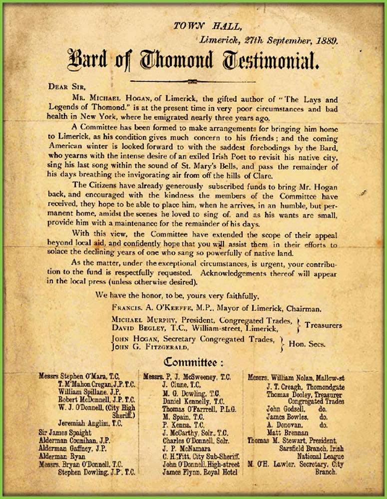 Today in 1889..
'Bard of Thomond Testimonial'. Appeal by Committee for funds for the Return of the Bard of Thomond from New York . From the Town Hall, Limerick, 27th September 1889.
#Limerick #OTD