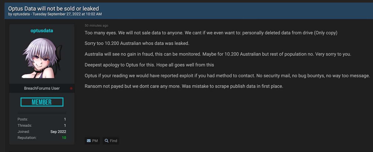 CaraMia200's tweet photo. This is the alleged communication from #OptusHacker. It states there will be no leaking and no sale of hacked data. 

#OptusHack #OptuusAccountability #OPTUSboycott #Auspol #CorporateDelinquentOPTUS https://t.co/xhFkPgkvxo