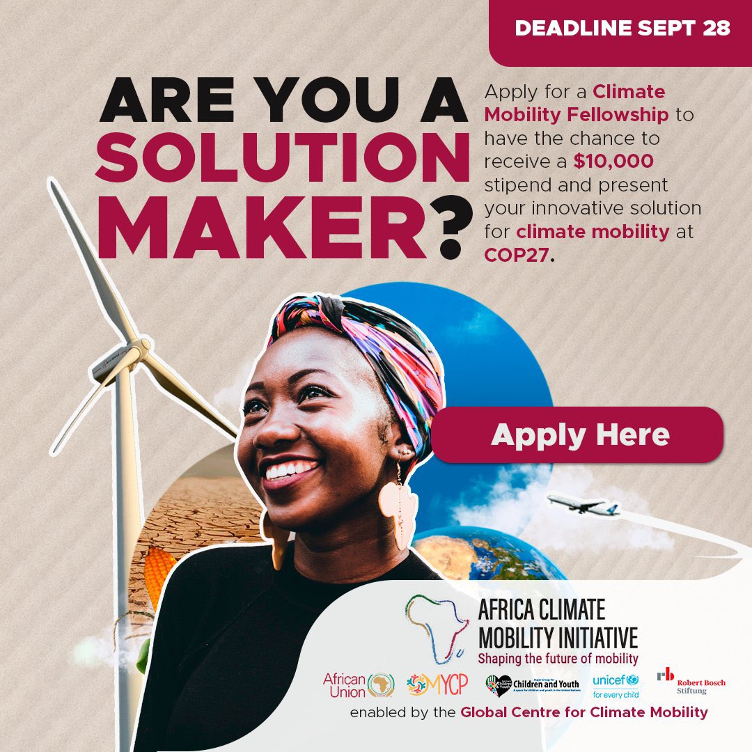 SDY_Ke's tweet photo. Are you a young African with an innovative solution addressing climate mobility? 

Stand a chance to receive USD10,000 to develop your solution further.

Apply via 🔗https://t.co/W5eBqcsuUE
Deadline: 28 September 2022 https://t.co/id1mJXRF2n