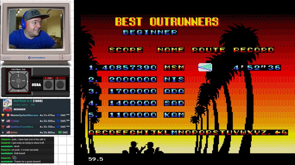 SMS_8bit's tweet photo. Done. Redid a WR pace run at #OutRun3D for the #MasterSystemChallenge of the week.
Score: 40,857,390 | 4:52:36
Link: https://t.co/BL0YQsktpW
Cc @8BitBoyUK @ian8bit & @Gamer_Canada😜 https://t.co/r9ZbUT1chd