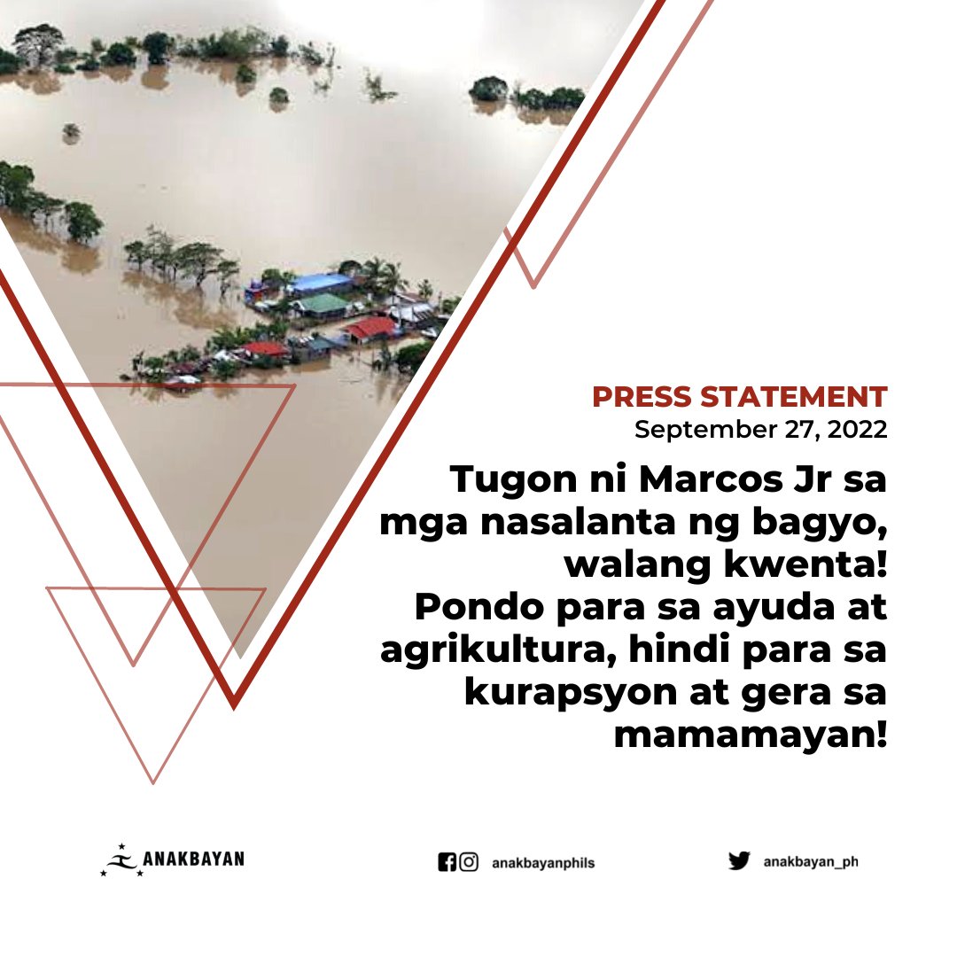 anakbayan_ph's tweet image. Tugon ni Marcos Jr sa mga nasalanta ng bagyo, walang kwenta!
Pondo para sa ayuda at agrikultura, hindi para sa kurapsyon at gera sa mamamayan!

Basahin: m.facebook.com/story.php?stor…

#NasaanAngPangulo
#KardingPH