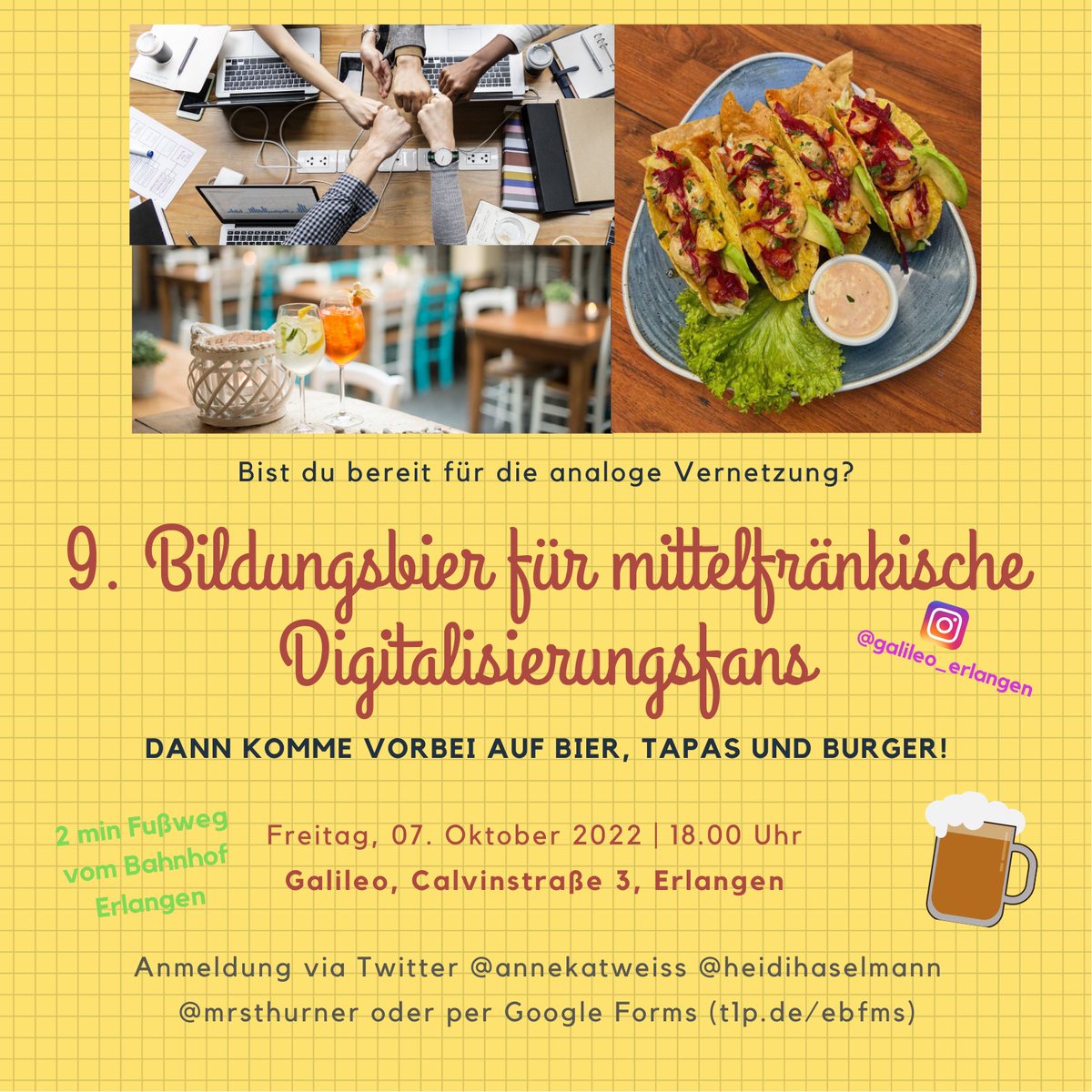 Einladung zum 9. Bildungsbier - am Vorabend des @BarcampM Montessori 
Fr, 07.10.22 ab 18.00 Uhr
im Galileo in Erlangen (direkt Bhf)
Um Anmeldung wird gebeten - entweder per DM oder t1p.de/ebfms 
mit <a href="/heidihaselmann/">Heidi Hallier-Haselmann - BY</a> @MrsThurner <a href="/annekatweiss/">Anne Weiss • BY</a> #twlz #BayernEdu #PinkEDU