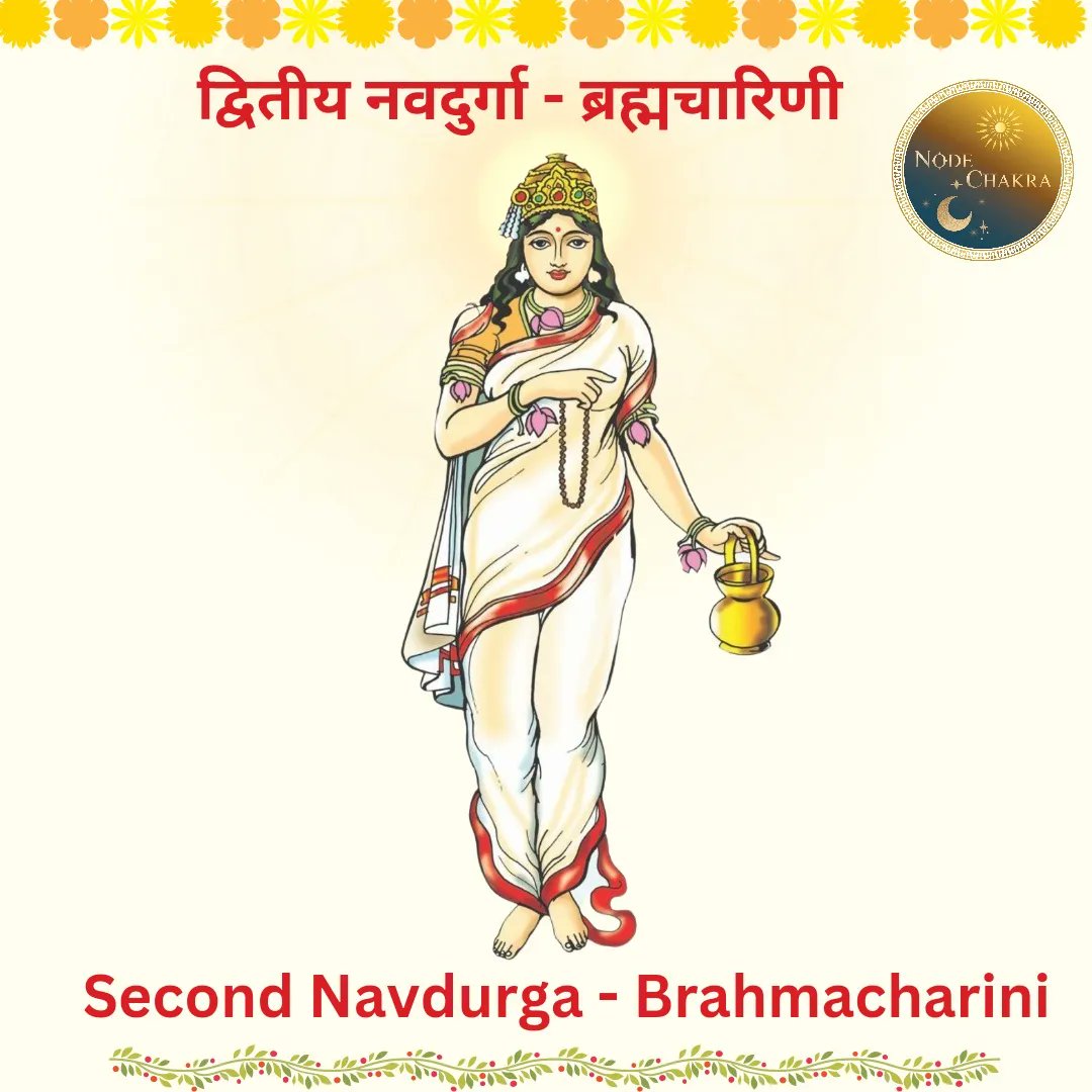 NodeChakra's tweet photo. On the second day of navratra, Devi Brahmcharini is the manifestation of Goddess which is worshipped.
Devi wields a Jaapmala in one hand and Kamandal in other.
To get Lord Shiva as husband, devi did strong penance and hence got the name "Brahmcharini".
#navratri #nodechakra https://t.co/nfDBFoS9Mn