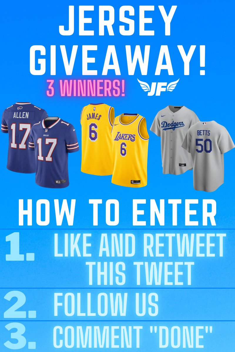 JerseyFlock's tweet photo. GIVEAWAY ‼️🎉

Three lucky winners will receive ANY jersey they want from https://t.co/Q1rOw8QMXG!  Winners will be randomly selected in 24 hours (Sep 28th, 7PM EST.) 

To enter you must:

1. Like and Retweet this tweet
2. Follow us
3. Comment "Done"

➡️https://t.co/Q1rOw8QMXG⬅️ https://t.co/LWtnho9gKE