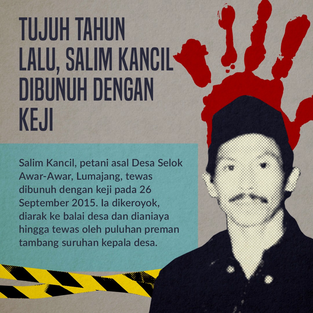 jatamnas's tweet photo. Masih ingat Salim Kancil?

Kemarin, tujuh tahun lalu, petani asal Desa Selok Awar-Awar, Lumajang itu dibunuh dengan keji.  

Ia dikeroyok, diarak ke balai desa dan dianiaya hingga tewas oleh puluhan preman tambang. https://t.co/wo64idx2NU