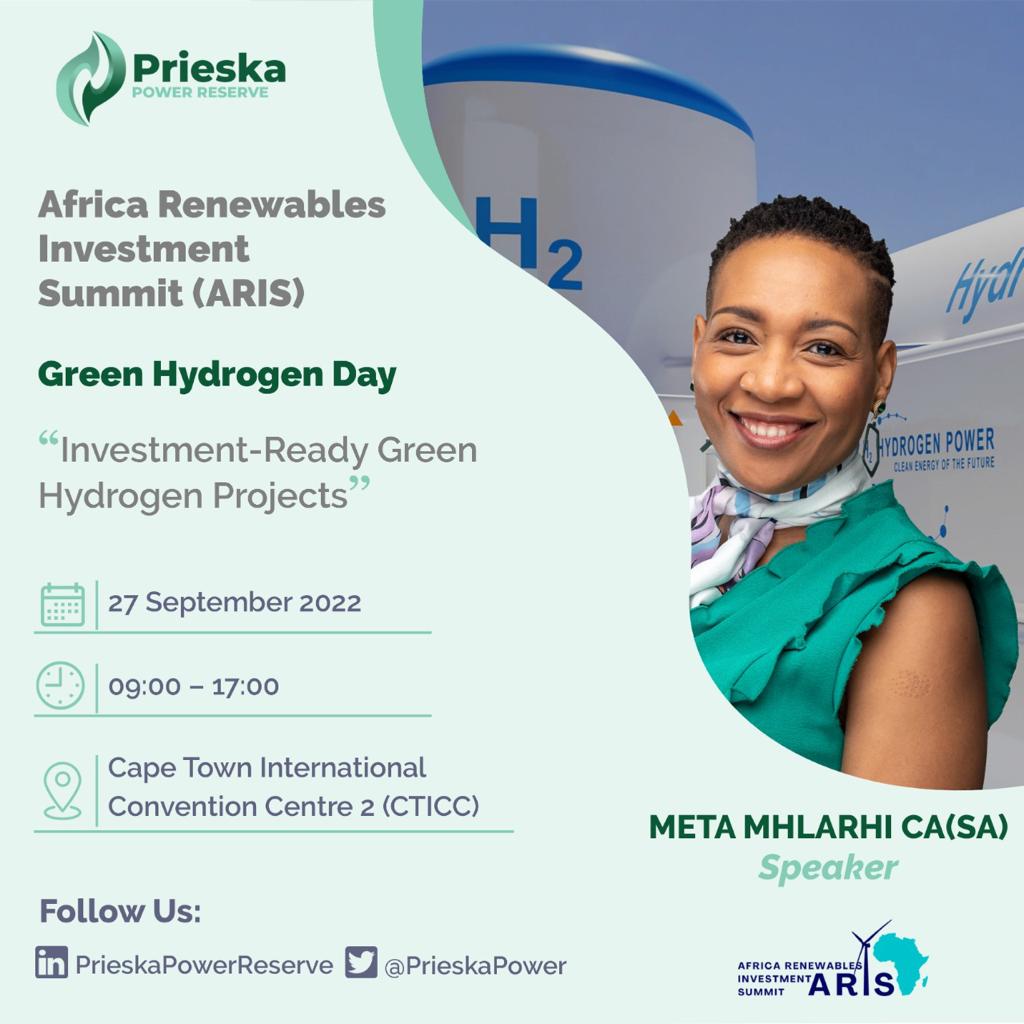 It is Green Hydrogen Day today and our director, <a href="/MetaMaponya/">Meta Maponya Mhlarhi</a> will be participating as a panellist at the African Renewables Investment Summit in a session focusing on Investment-ready Green Hydrogen Projects. 
#greenhydrogen #investment #renewables