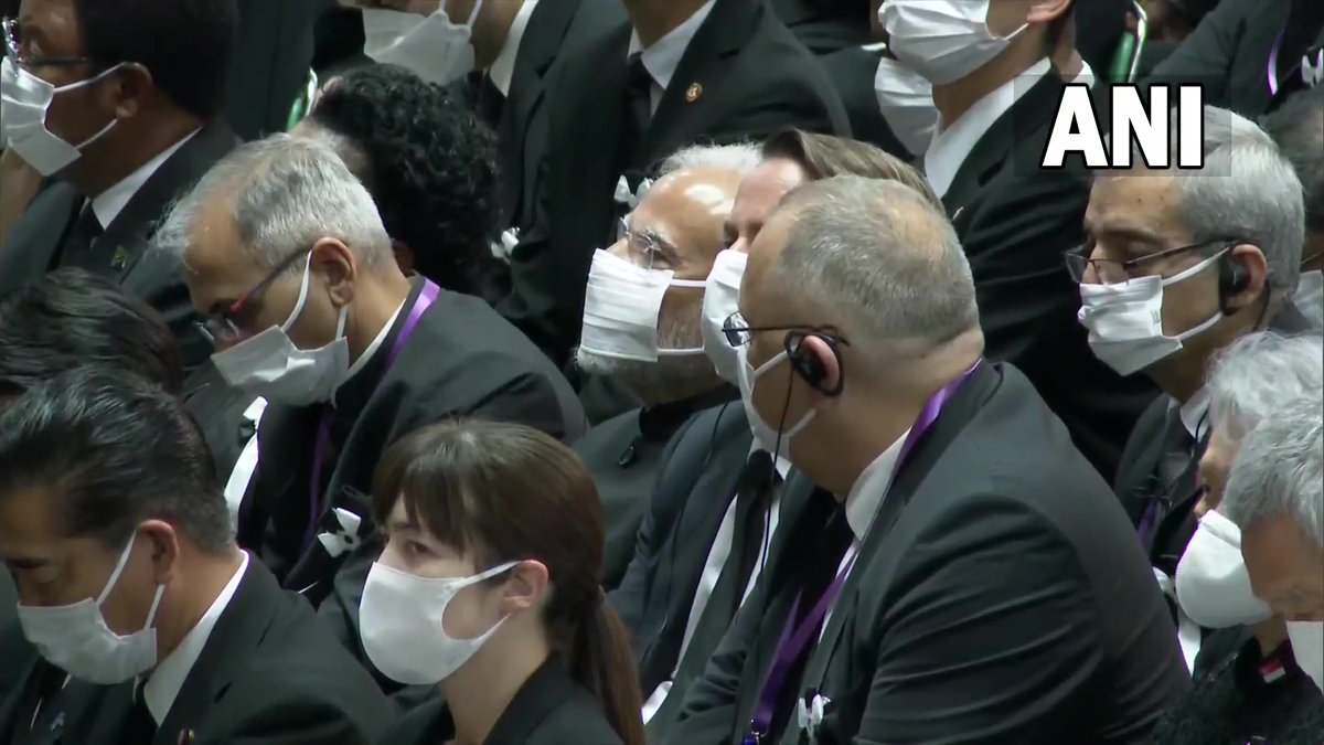 ANI's tweet photo. Prime Minister Narendra Modi attends the State funeral of former Japanese PM Shinzo Abe in Tokyo.

Former Japanese PM Abe was shot during a speech in Japan's Nara city on July 8th. https://t.co/3e0dGTa7FT