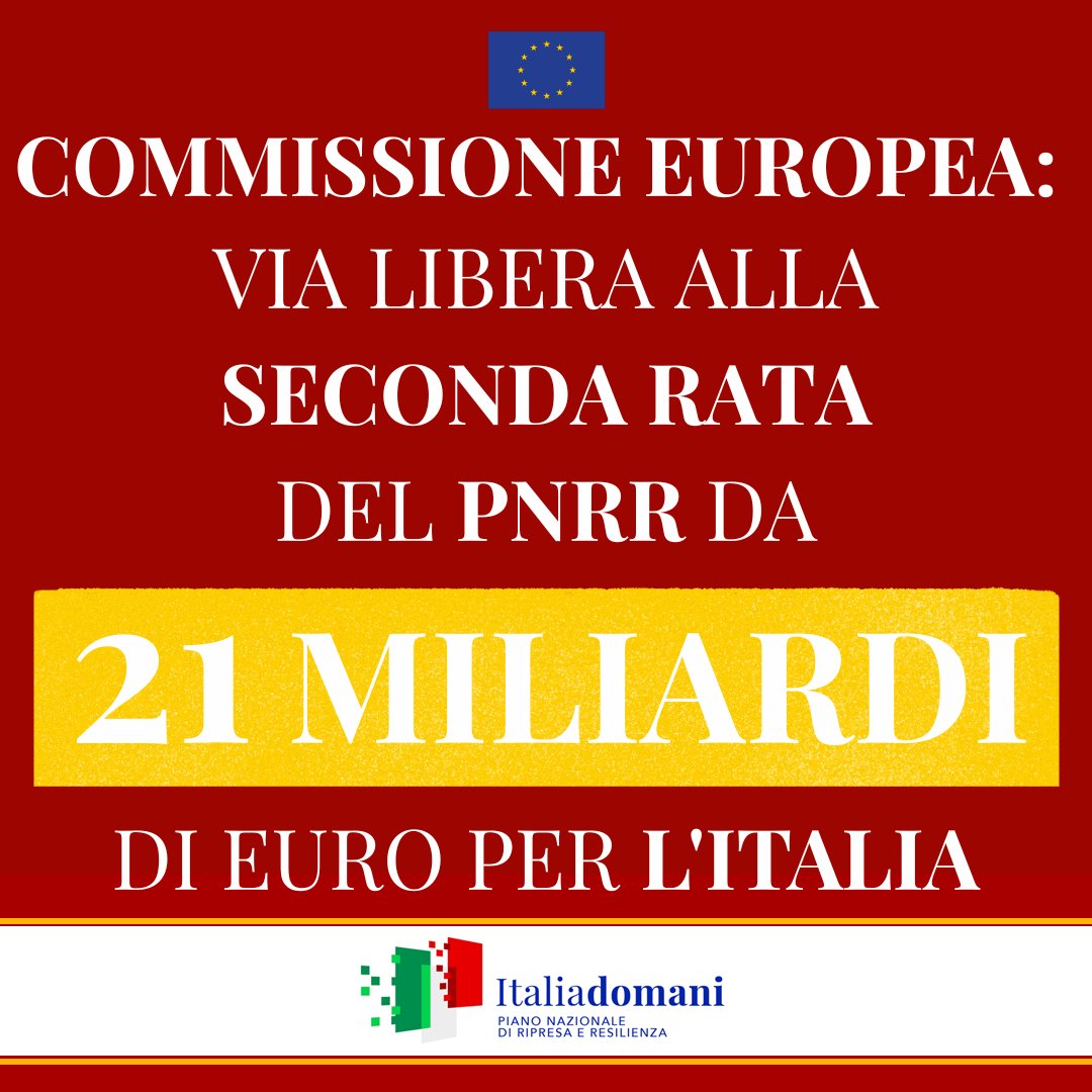 📣#PNRR, all'Italia la seconda rata da 21 mld di euro.

✅Via libera dall'<a href="/EU_Commission/">European Commission</a>: positiva la valutazione della richiesta di pagamento presentata dal #Governo.

🎙"Facciamolo diventare realtà #Italia", l'augurio della Commissione.

🔍Scopri di più:bit.ly/3UFqsQ7