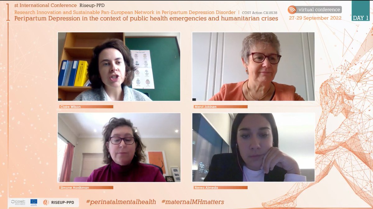 RiseupPPD's tweet photo. #RiseupPPD22 THE IMPACT OF COVID-19 ON MENTAL HEALTH SYSTEMS AND SERVICES Chair: #Claire Wilson; Invited Speakers: #Mervi Jokinen, #Simone Honikman, #Nerea Almeda #RiseupPPD #COSTaction #Peripartumdepression#perinatalmentalhealth #mentarnalMHmatters https://t.co/NwcqE6QJZ6