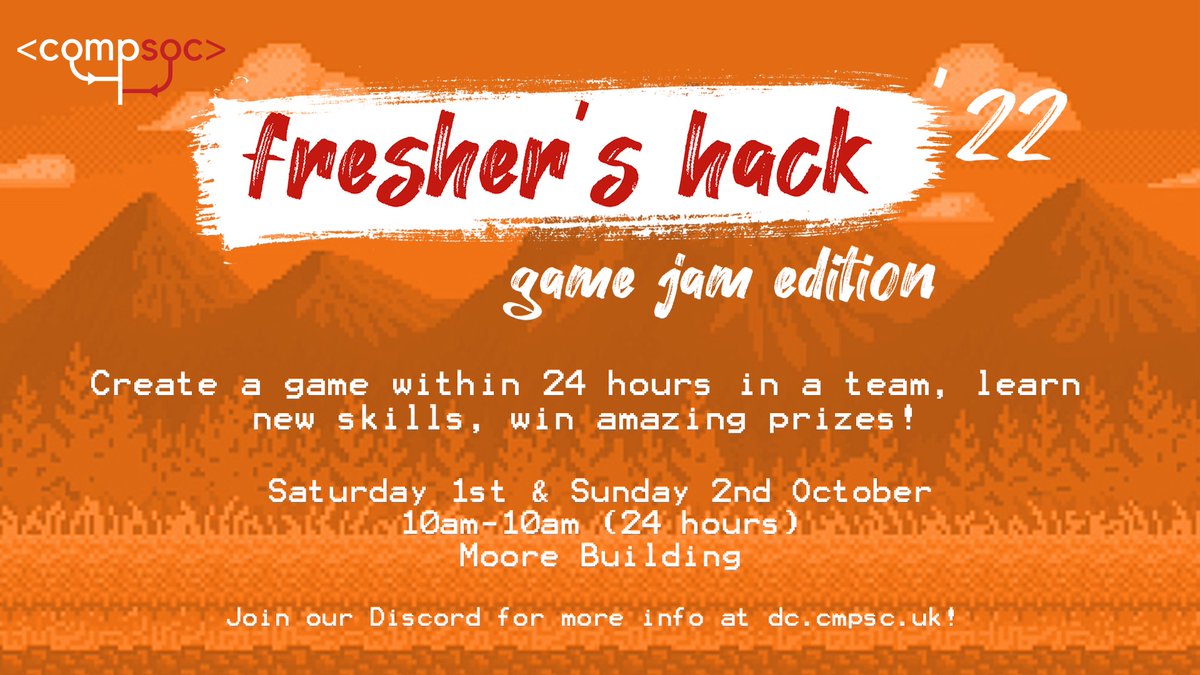 On Saturday, we'll be holding our Fresher's Hack: Game Jam Edition! It will now be taking place in **Moore Building** and will start at 10am, lasting 24 hours. Come along for a chance to gain new skills, meet new people and win prizes!