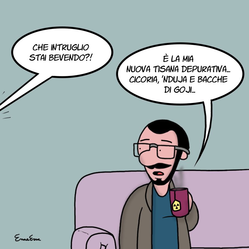 Enneesse3's tweet photo. Depuriamoci...
#tisana #infuso #autunno #autumn #drink #nduja #intruglio #enneesse #vignette #webcomics #cartoon #ridere #nerd https://t.co/K5ov4wymnv