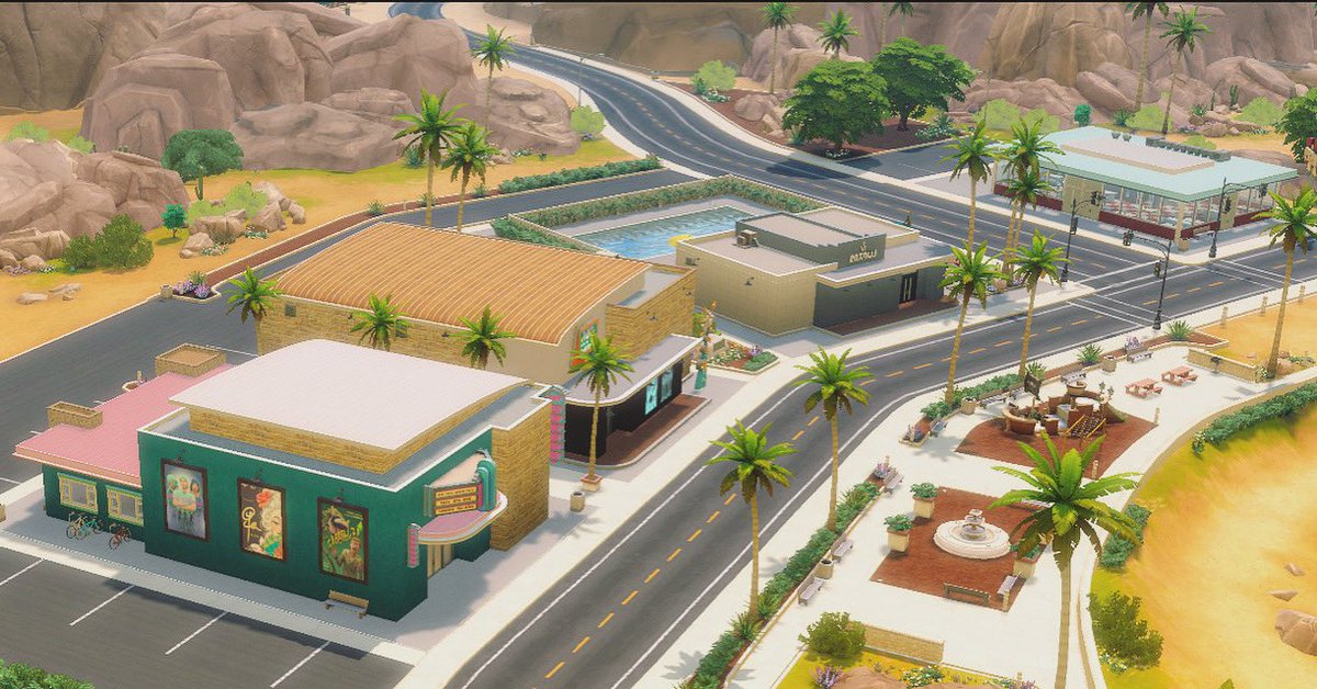tauwill2's tweet photo. A retro #OasisSpring city center. Cinema & ice-cream parlour, bowling alley, swimming pool, diner. I just love to build in this world. #LesSims #Sims4 #ShowUsYourBuilds can we have a âdesert Newcrestâ? Please đ„č https://t.co/BFbd5yYvP4