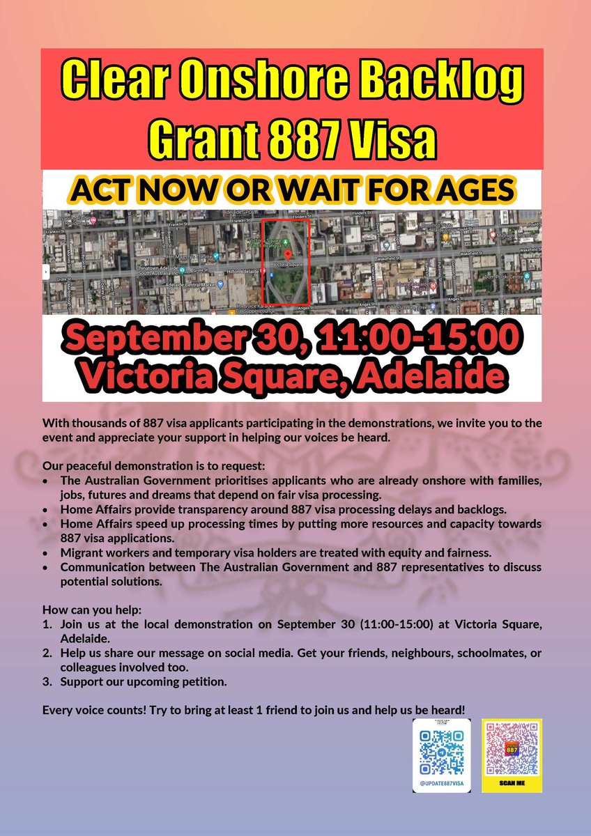 Cathy_tan2008's tweet photo. 887 visa Applicants &amp; 489 visa holders: 
Take actions to join the demonstrations in Tasmania, Victoria, Queensland and South Australia from 11:30am to 15:00pm on the 30th of Sep 22. Defend your own rights and prevent the visa’s processing  delay being endless! Join us!!! https://t.co/4gmAHTfK8o