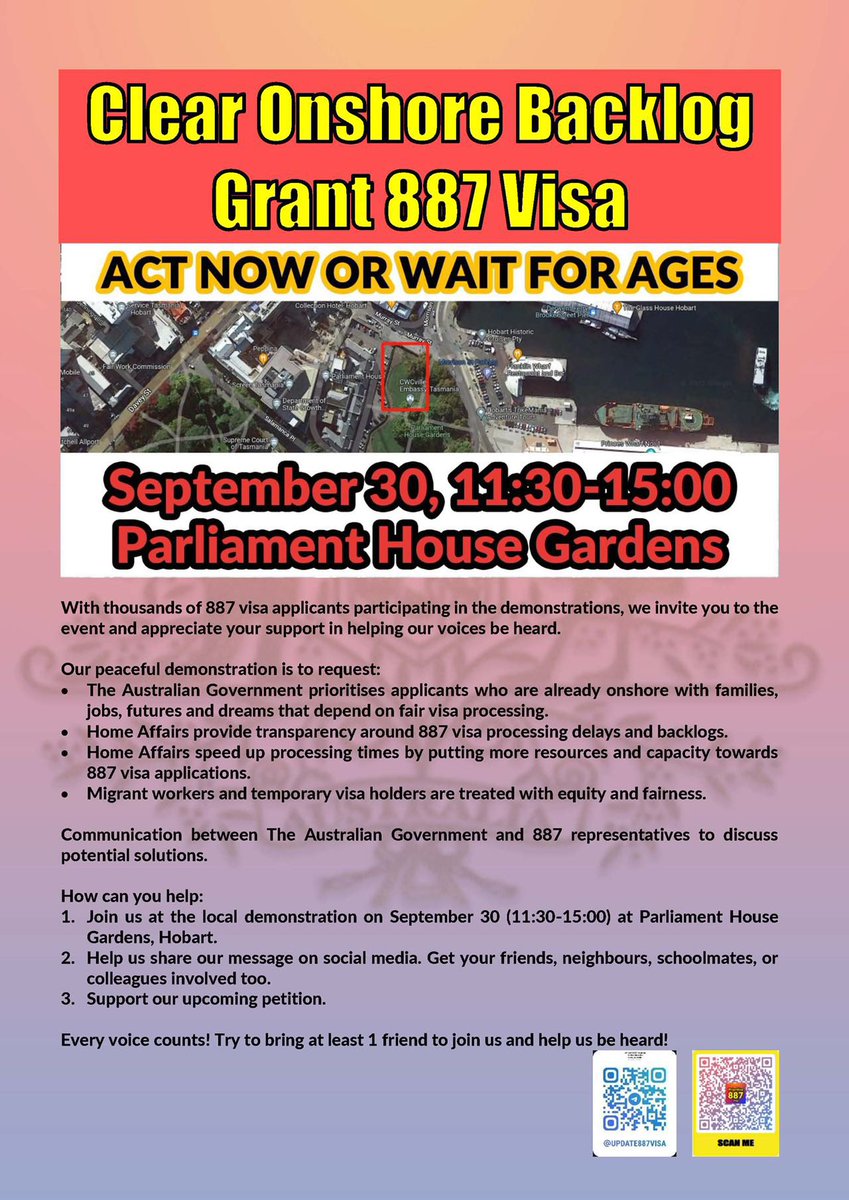 Cathy_tan2008's tweet photo. 887 visa Applicants &amp; 489 visa holders: 
Take actions to join the demonstrations in Tasmania, Victoria, Queensland and South Australia from 11:30am to 15:00pm on the 30th of Sep 22. Defend your own rights and prevent the visa’s processing  delay being endless! Join us!!! https://t.co/4gmAHTfK8o
