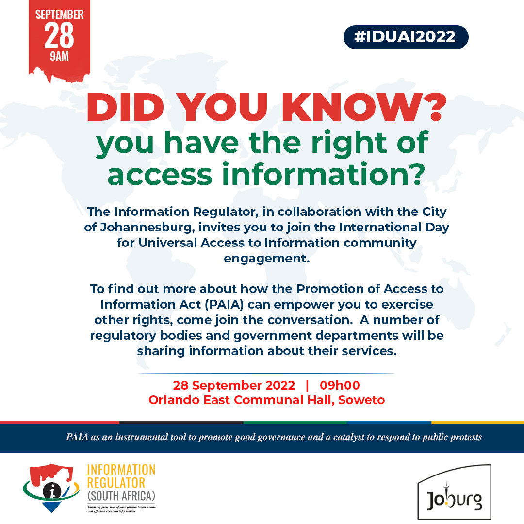 #knowyourrights @InforegulatorSA Join the International Day for Universal Access to Information community engagement.