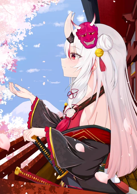 あやめ嬢と桜(リプに笑顔差分あり 式神ちゃんも居ます!)#百鬼絵巻 