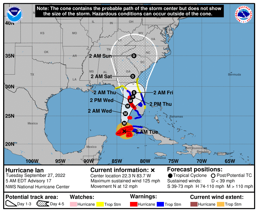 L'ouragan Ian vient de toucher terre sur l'ouest de Cuba ce matin en cat 3 vents 205 km/h à 10km au sud de Pinar Del Rio, Ian pourrait reprendre de la force sur le golfe, passera à l'ouest des Keys en Floride ce soir et touchera terre près de Tampa demain <a href="/Toutunmatin/">Tout un matin</a>