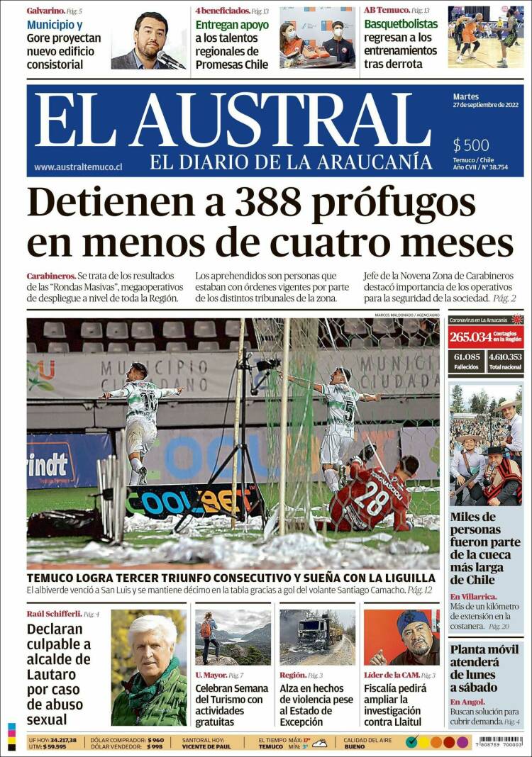 ojodelmedio's tweet photo. En La Araucanía detienen a 388 prófugos con órdenes vigentes en menos de 4 meses. ¿Llegará la noticia –portada de El Austral de hoy– a los medios de Santiago? https://t.co/glzEIHoslo