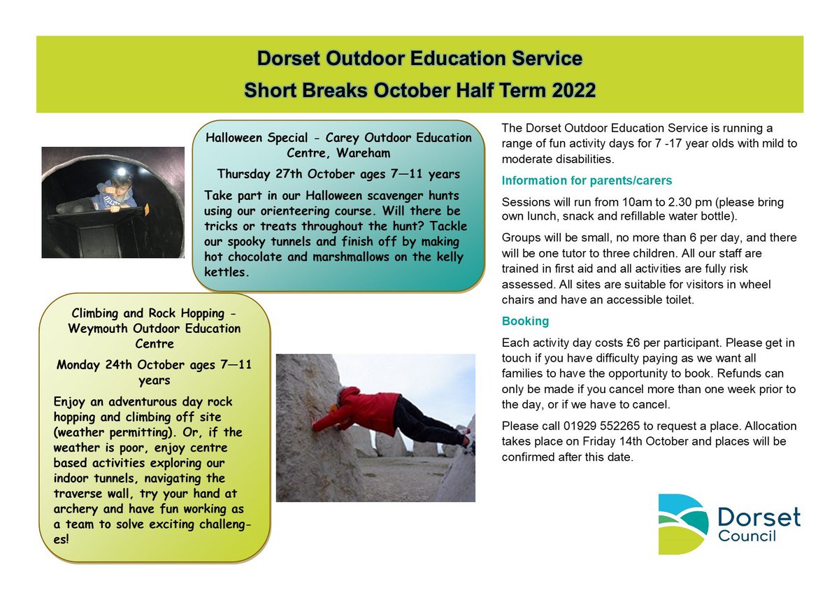 CareyOEC's tweet photo. 🍁October half term 🍁 Dorset Short Break activity days for children with mild to moderate disabilities. Spaces available @WeymouthOutdoor @ATCranborne @CareyOEC https://t.co/p90uvXGxzA