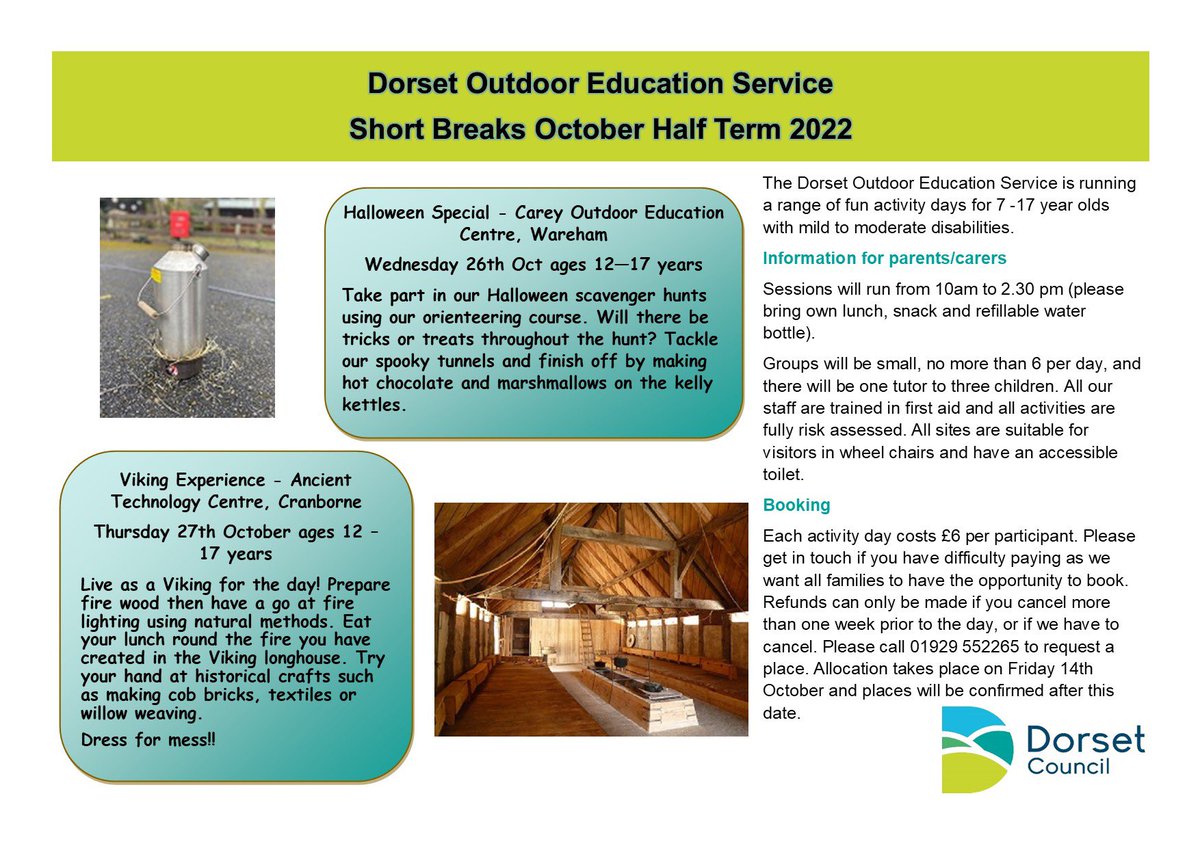 CareyOEC's tweet photo. 🍁October half term 🍁 Dorset Short Break activity days for children with mild to moderate disabilities. Spaces available @WeymouthOutdoor @ATCranborne @CareyOEC https://t.co/p90uvXGxzA