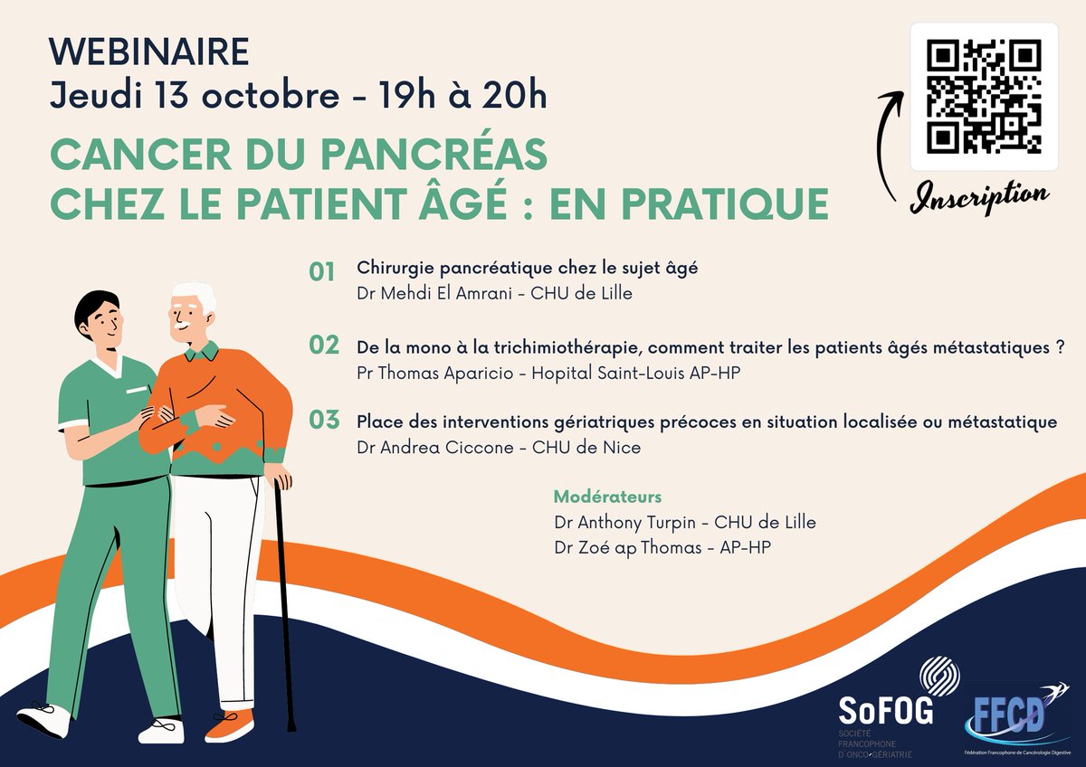 ✒️ A vos agendas ! 🗓️ Le jeudi 13 octobre de 19h à 20h 🎯 Webinaire cancer du pancréas chez la personne âgée, organisé par les jeunes @sofog_officiel en lien avec @ffcd_cancerdig. 🏷️ Inscriptions : qrco.de/bdMEvk