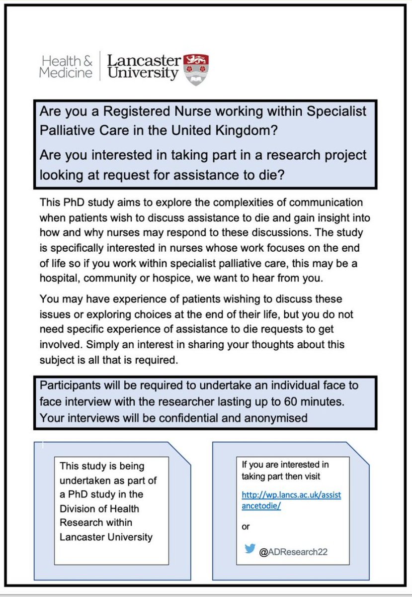 Do you work in #PalliativeCare? Would you like to take part in a national #Research study looking at how #nurses communicate with patients when they wish to discuss help to die. Go to wp.lancs.ac.uk/assistancetodi… to contact me, your participation is anonymised <a href="/IOELC/">IOELC</a>