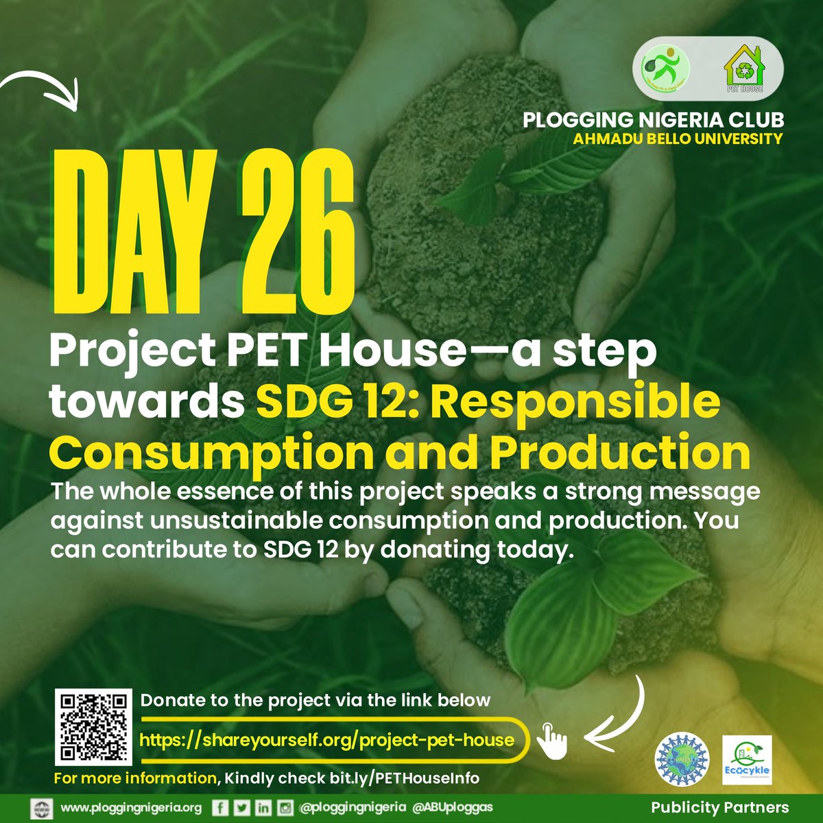 By retrieving and repurposing dumped plastic bottles, Project PET House will foster #SDG12 by promoting a culture of Responsible Consumption and Production. 

You can aid this project and support #SDG12 by donating today: shareyourself.org/project-pet-ho…

#Bottles4Bricks
#ProjectPETHouse