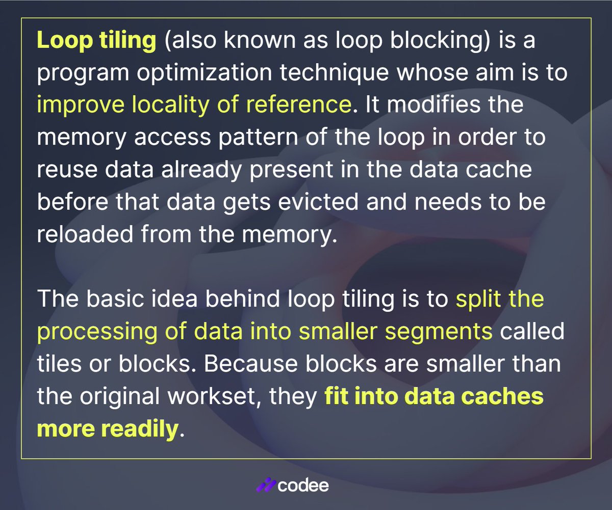 codee_com's tweet image. #CodeePerformanceTip: Your loop is rereading the same data from the memory many times? Have you tried loop tiling? 
👇 From our knowledge base about when and how to apply loop tiling: codee.com/knowledge/glos…

#looptiling #performance #software #HPC #Codee&quot;