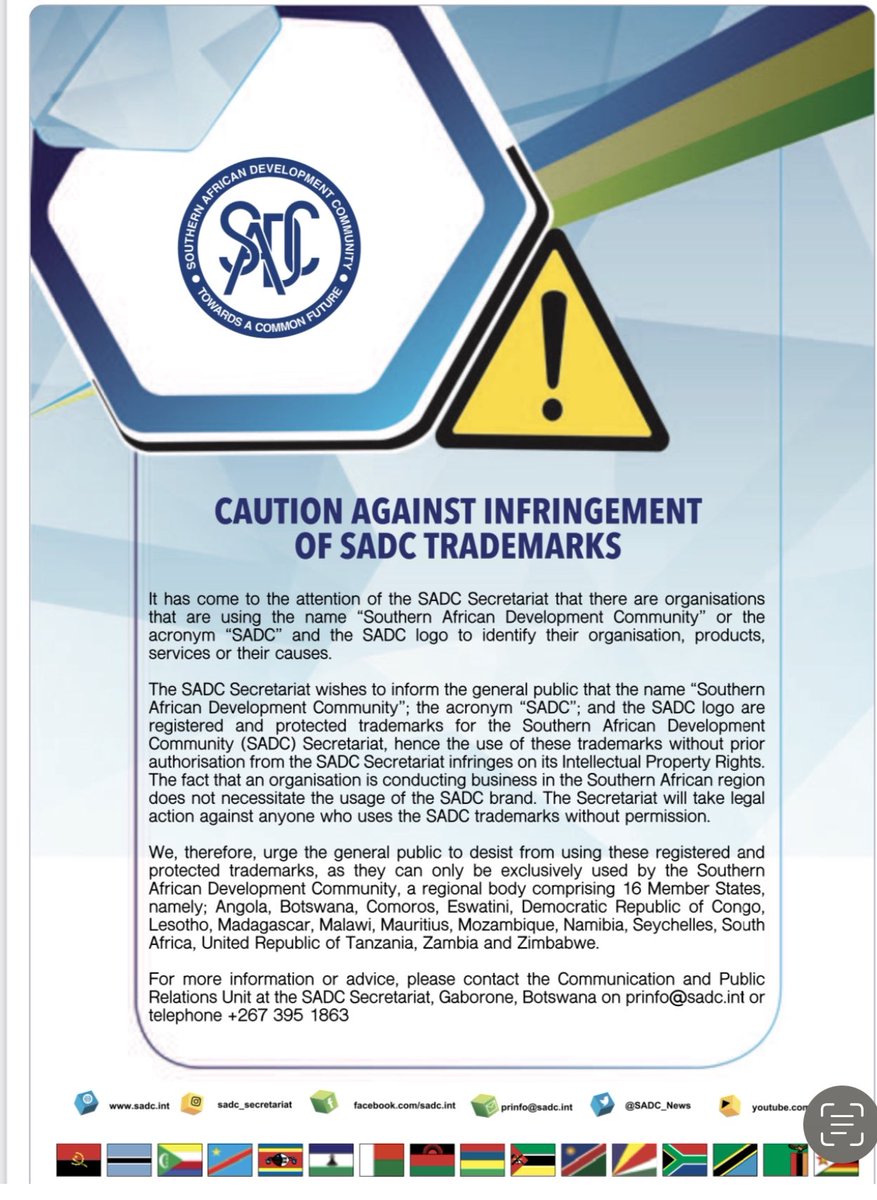 SADC_News's tweet photo. Caution against infringement of #SADC trademarks https://t.co/CueS1iPaDW