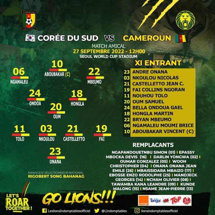 #Friendly match #KORCMR

Starting XI/Onze Entrant

#South Korea 🇰🇷 🆚 🇨🇲 #Cameroon

🕐 12h
🏟️ Seoul World Cup Stadium

#FIFAWC2022