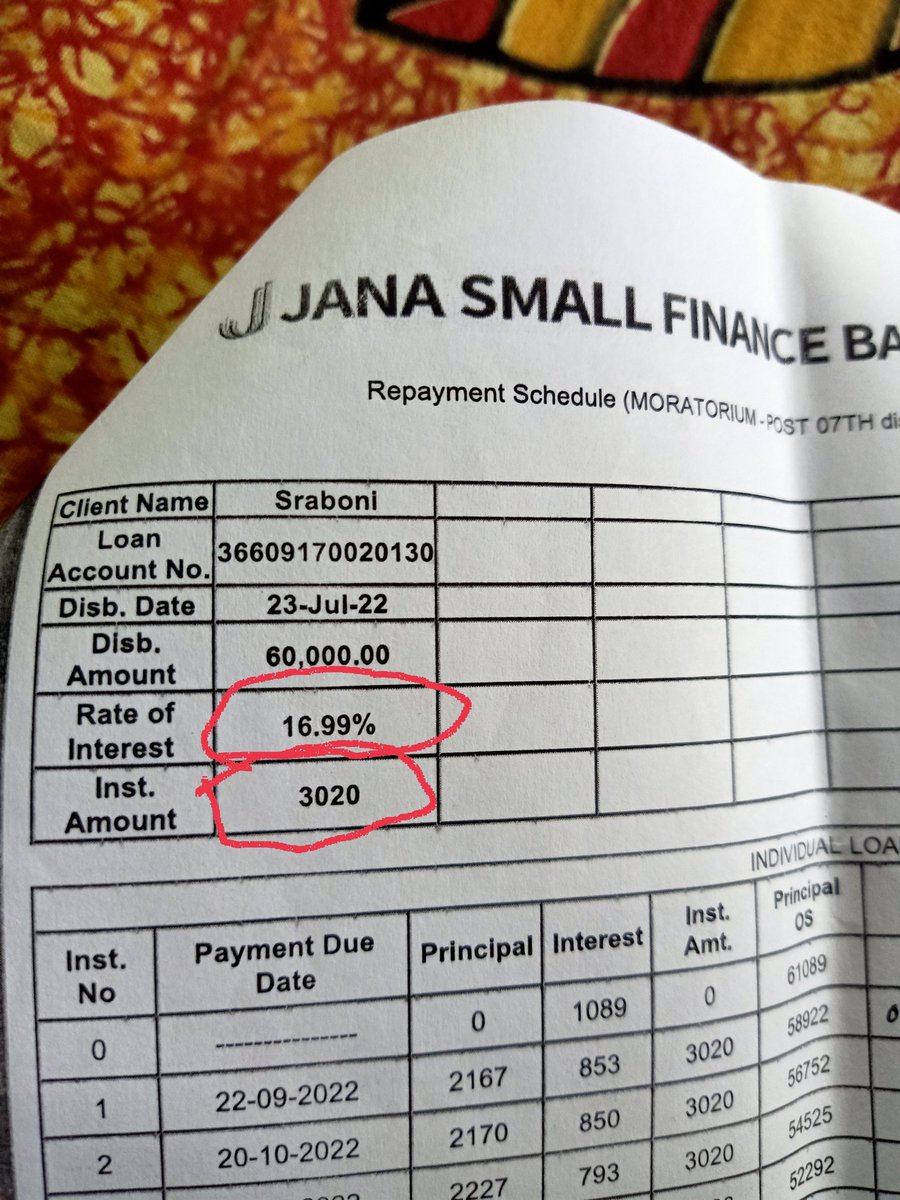 DassDiptayan's tweet photo. I've taken a loan of Rs. 60000/- from @janabank bank, for 2 yrs, with 16.99% of interest. So I have payback the bank Rs 2924.75/- per month. Surprisingly when I went to give my 1st installment they have charged Rs 3020/- without any explanation, and also denied to give any. https://t.co/atjwLybqIU