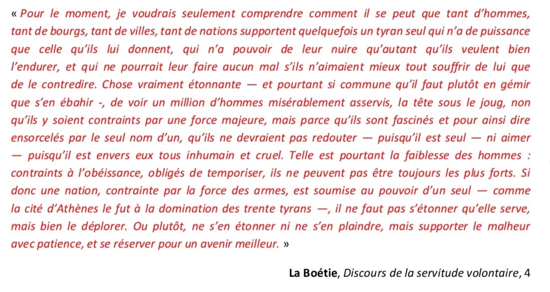 philotweet's tweet photo. D’où vient le #pouvoir de toute #tyrannie?
Réponse en texte avec #LaBoétie et son concept de servitude volontaire: https://t.co/0FeCtncRXS