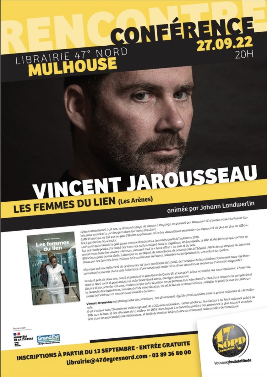 VinceJarousseau's tweet photo. Ce soir, 20H, #Mulhouse, je suis attendu à la librairie 47 degrés Nord. La fièvre monte ! Première librairie d'une longue liste à venir pour les #lesfemmesdulien
@nord_47 @les_arenes @RomanPhotoDoc https://t.co/0gT7PSJSNN