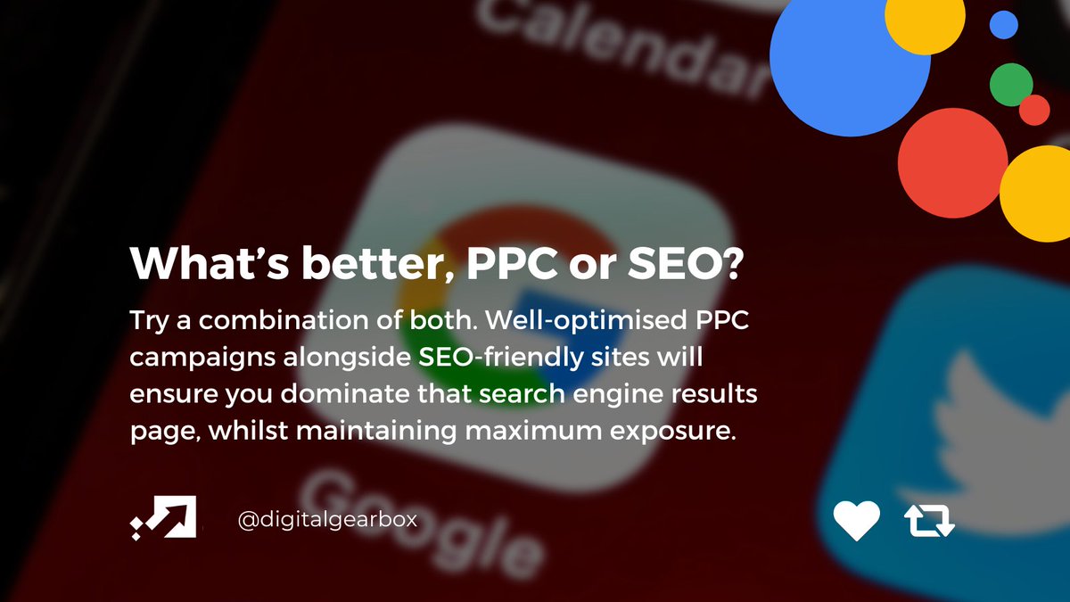 Pages that are optimised for #SEO will also assist your #PPC campaigns, as your site experience will be user-friendly and easy to navigate, boosting that all-important conversion rate.

See our full comparison of #PayPerClick and #SearchEngineOptimisation: digitalgearbox.co.uk/insights/ppc-v…