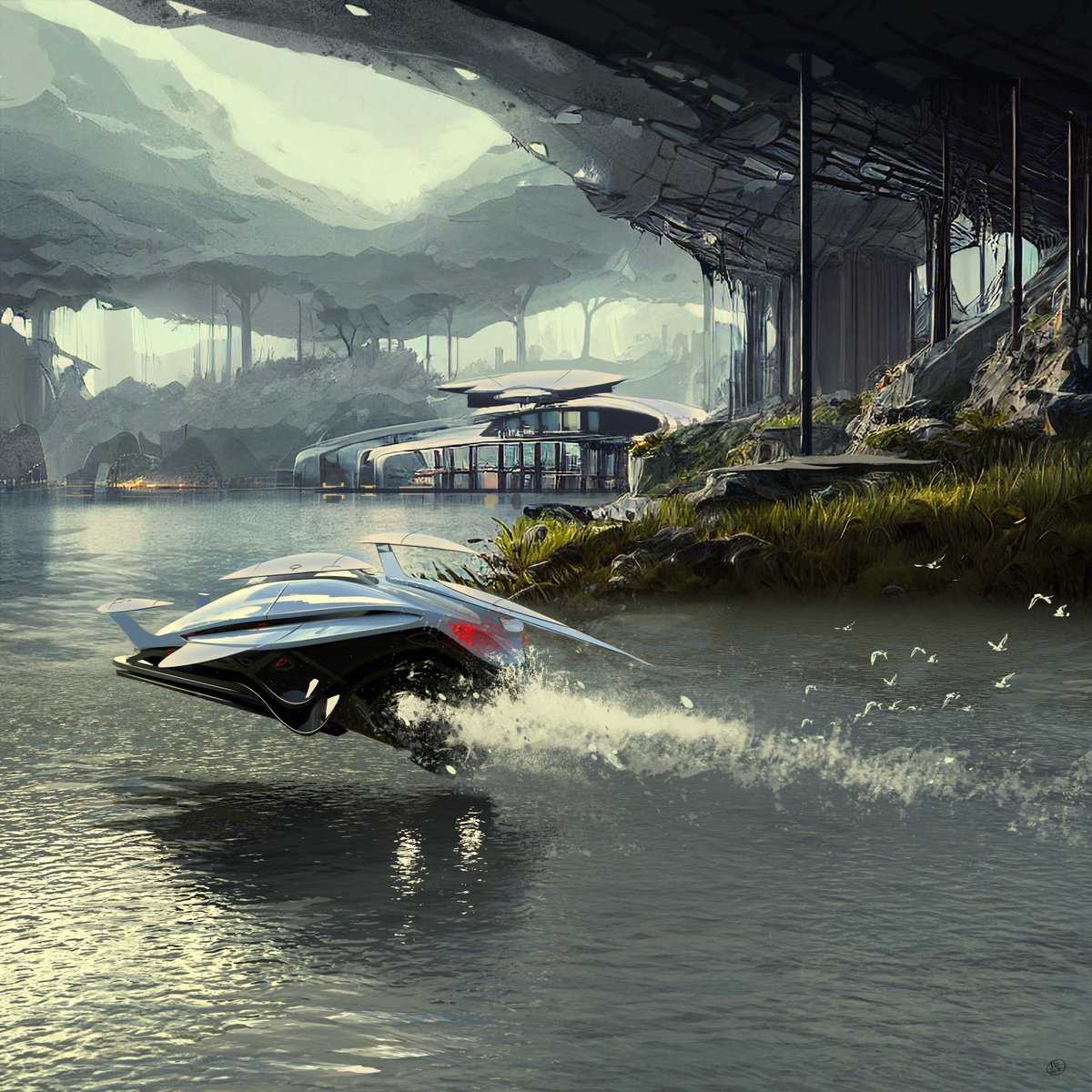 #lakeside #summerhouse, property of major of planet Pontis Major. #metasketching #digitalart #sketch #ideation #ai #aideation #conceptart #ambiguity #Architecture #boatdesign #yacht #scifi