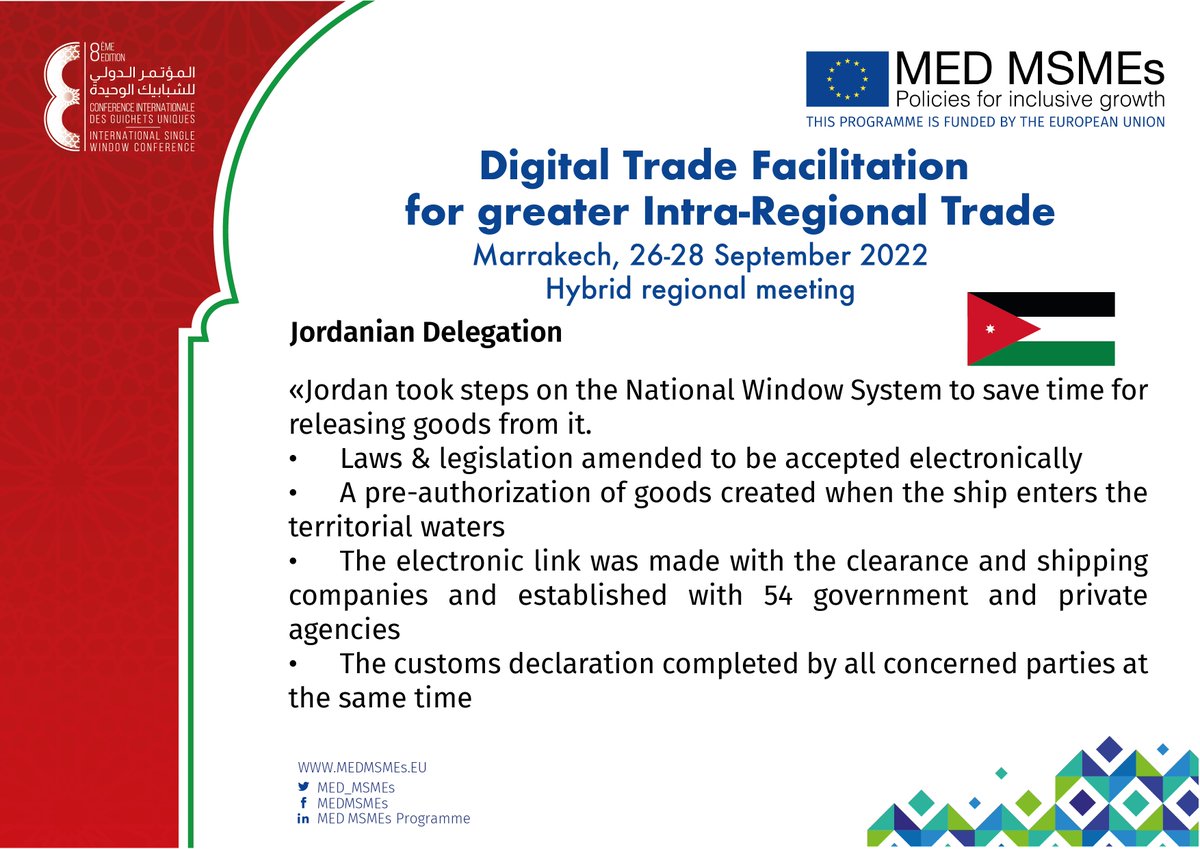 MED_MSMES's tweet photo. Jordanian Delegation: "#Jordan took steps on the National Window System to save time for releasing goods from it.
•#Laws & #legislation amended to be accepted electronically,..."
#Singlewindows #Portnet #TABADOOL #Tabadool #dialogue #Jordan #customs https://t.co/YnsLlR3W2K