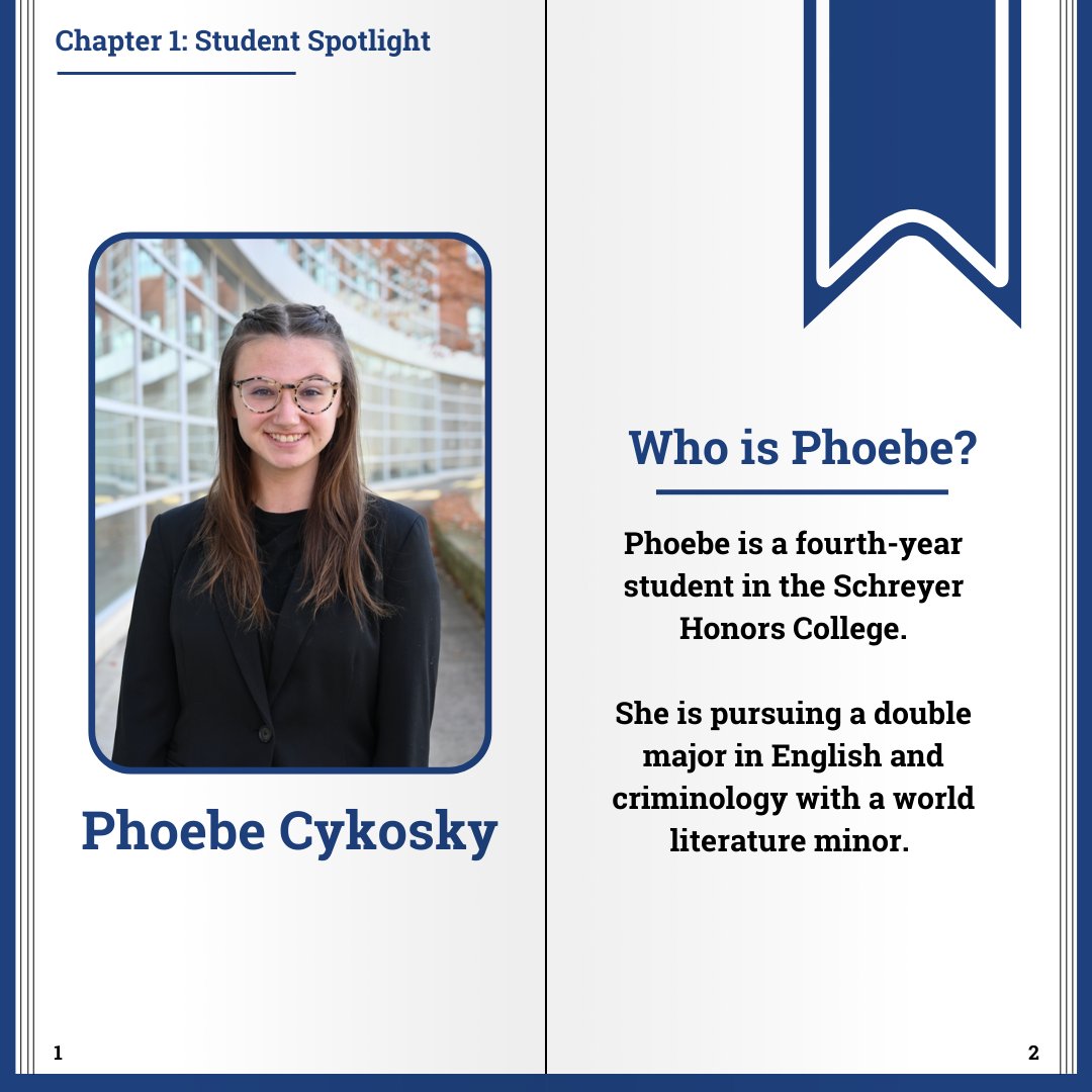EnglishatPSU's tweet photo. Student Spotlight! Phoebe Cykosky is fourth-year double majoring in English and criminology.

She said her experience in English classes has been “so rewarding.” 

Besides academics, Phoebe dedicates her time to Penn State’s Club Tennis and The Daily Collegian. https://t.co/clP4jlBRrr