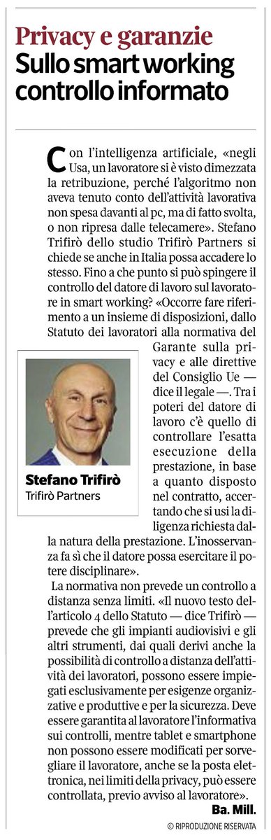 Sul <a href="/Corriere/">Corriere della Sera</a>, l’Avv. Stefano Trifirò analizza l’attuale situazione lavorativa ed i limiti degli strumenti di controllo in #smartworking