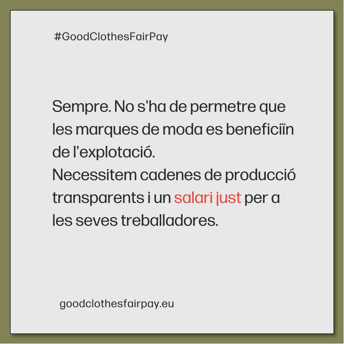 💫 #GoodClothesFairPay és la campanya sobre salaris dignes en el sector de la confecció més ambiciosa que s’ha engegat fins ara a la UE.

✍️ Necessitem 1 milió de signatures perquè la UE faci les marques responsables de les condicions de treball de les treballadores.