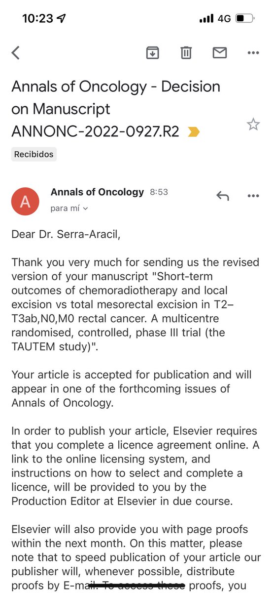Es un gran placer comunicar la aceptación del estudio sobre los resultados a corto plazo del estudio TAUTEM en Annals of Oncology (IF 2021: 51.8) Muchas gracias a todo el equipo