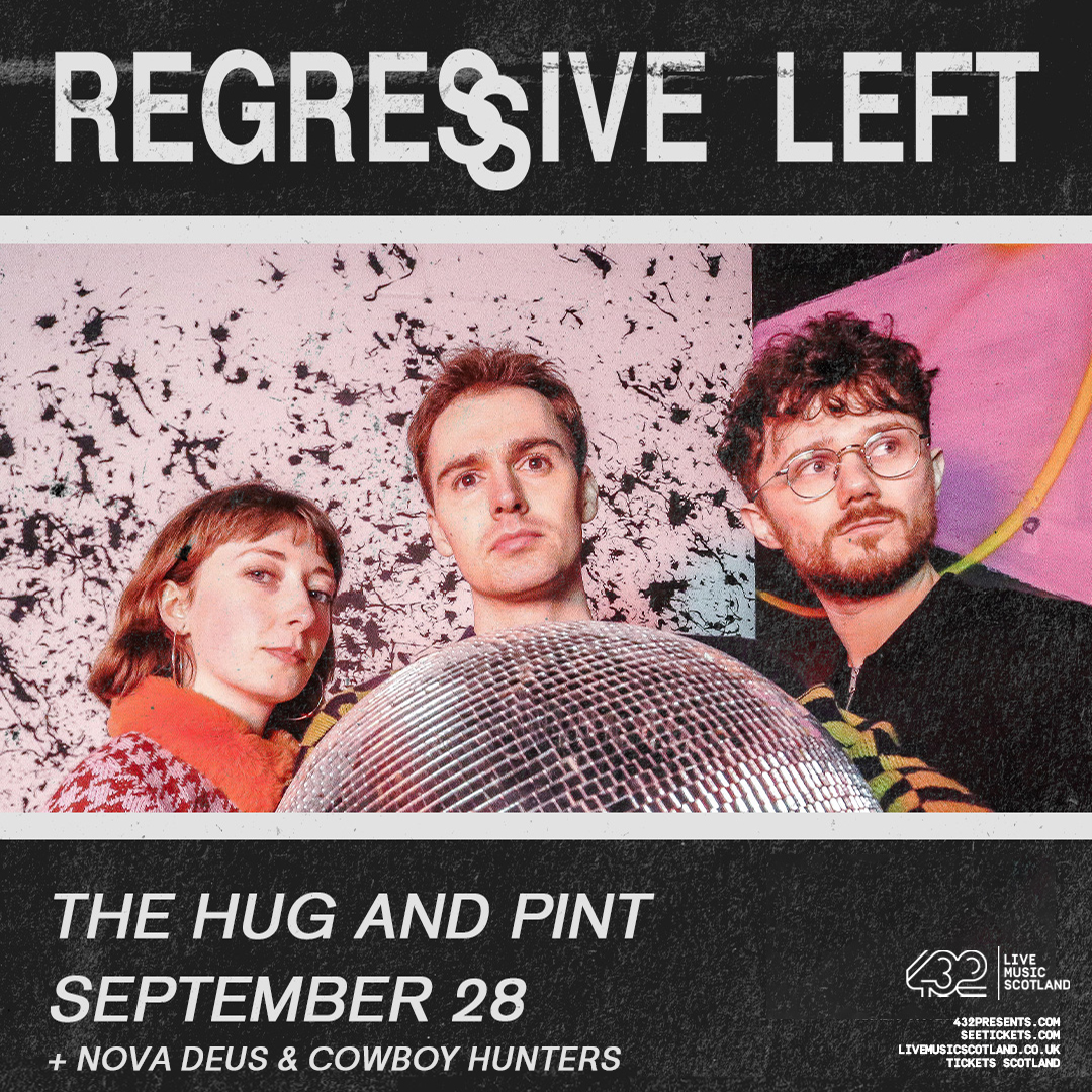 TOMORROW 🚨 Taking influence from the booming post-punk, funk and disco scenes of New York, Regressive Left bring their stark, danceable sound to The Hug & Pint! Support Nova Deus (debut performance) & Cowboy Hunters! Remaining tickets here: bit.ly/3vYXdO0