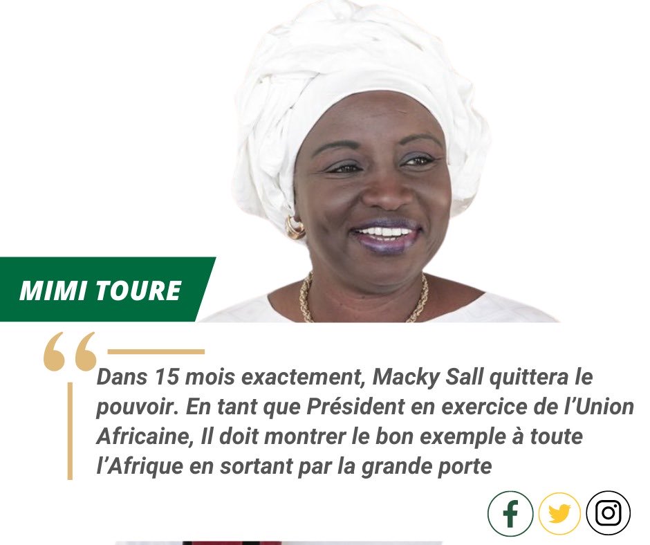 aminatatoureklk's tweet photo. « Dans 15 mois exactement, ⁦@Macky_Sall⁩ quittera le pouvoir. En tant que Président en exercice de l’⁦@_AfricanUnion⁩, Il doit montrer le bon exemple à toute l’Afrique en sortant par la grande porte » https://t.co/BdNSfFUm9p
