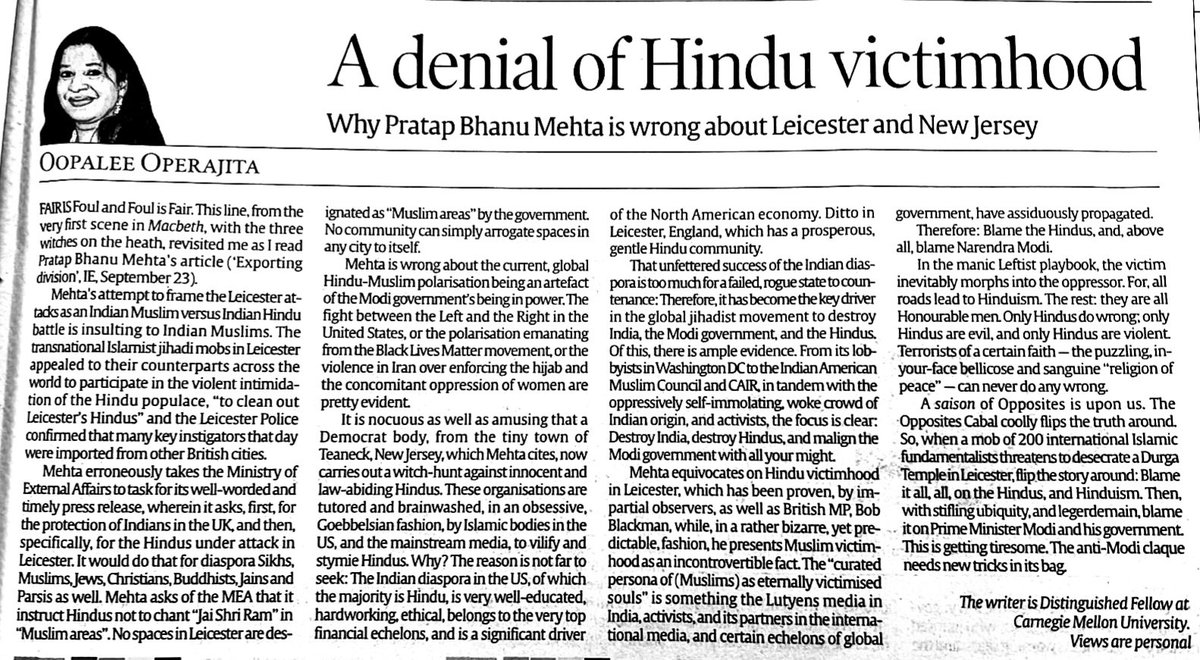 OopaliOperajita's tweet photo. My rebuttal to @pbmehta in today's @IndianExpress on why the Modi government's being in power is not connected with the international j!hadist movement to destroy #India, and #Hindus and #Hinduism and his altogether strange denial of #Hinduvictimhood in Leicester and elsewhere. https://t.co/ptTBIBePY0
