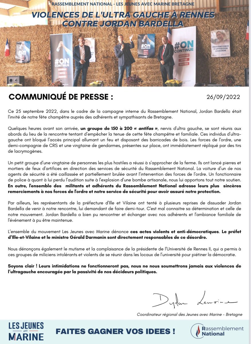 Dylan_LemoineRN's tweet photo. Les violences commises par ces milices d’#Antifas à #Rennes lors de la venue de @J_Bardella à notre fête champêtre sont intolérables

« Leurs intimidations ne fonctionneront jamais, nous ne nous soumettrons jamais aux violences de l’ultra-gauche »

Notre réaction : @JeunesMarine_ https://t.co/6cnv2vCrKq