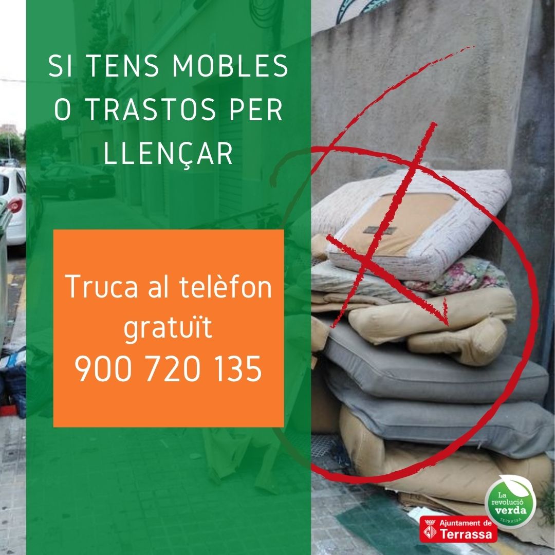 trsmediambient's tweet photo. ❌No deixis els mobles i trastos vells al carrer!
Truca al telèfon de la neteja 900 720 135 per informar-te de quant es recullen els mobles al teu barri o porta'ls a les deixalleries municipals. Obertes de dilluns a diumenge! #TerrassaMediAmbient #Neteja #Residus #TerrassaNeta https://t.co/eVkxa29tFc
