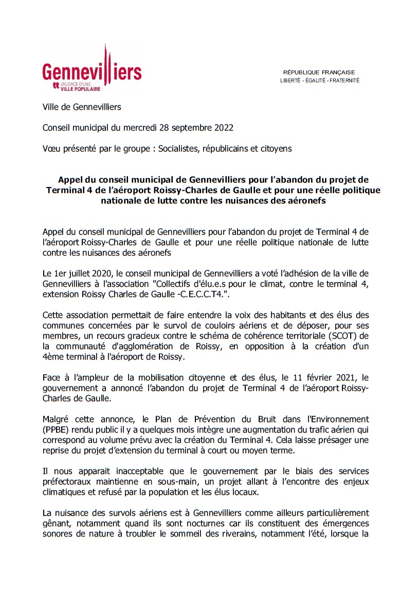 ElusPSgen's tweet photo. Demain soir en conseil municipal présentation d'1 voeu rappelant l'opposition de la ville de #Gennevilliers à la création d'un 4ème terminal à Roissy CDG et pour une réglementation + stricte des nuisances des avions à destination du Bourget sur la santé des habitants 
#bruit #ADP https://t.co/ar5WEv1nev