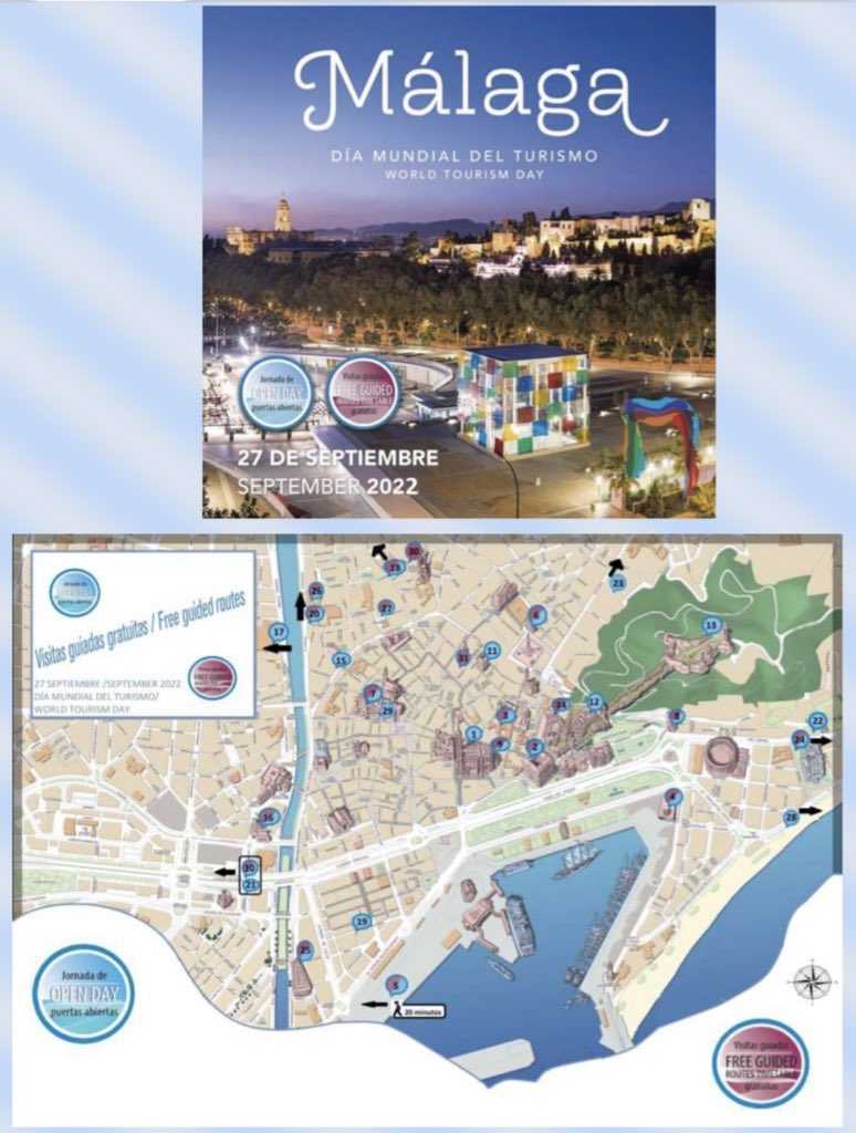 turismodemalaga's tweet photo. 👏 ¡Ya está aquí el #DiaMundialdelTurismo2022! 

¡Ven a Málaga a celebrarlo con nosotros! 😊

🔥 Te esperan medio centenar de propuestas entre jornadas de puertas abiertas y visitas guiadas, impulsadas por 31 instituciones culturales.

Toda la info:
👉 https://t.co/BsOefYpX4t https://t.co/ofGfPhDgza